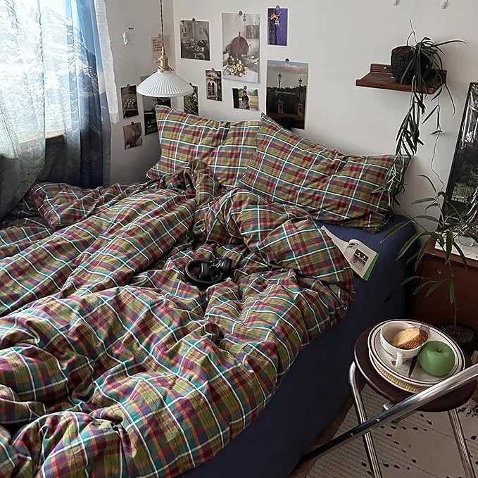 Sustainable mixinni Buffalo Plaid Duvet Cover Queen Size – Washed Cotton 3-Piece Bedding Set for All Seasons Retro Grid Design Soft Breathable Comforter Cover with Zipper Ties for Men Women-Queen Size Prestigious