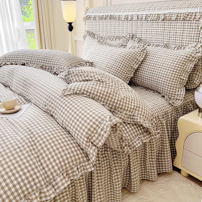 Sustainable LifeTB Tan Gingham Comforter Set Full Vintage Ruffle Taupe Plaid Comforter Set 3 Pieces Soft Fluffy Grid Checkered Pattern Comforter with 2 Pillowcases Farmhouse Gingham Bedding Comforter Full Outstanding