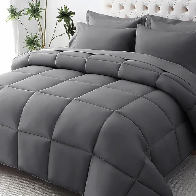 Enhanced JOLLYVOGUE Queen Comforter Set Ultra-Soft Bed in a Bag Queen Size 7 Pieces Oeko-TEX Bedding Set with Down Comforter Sheets Pillowcases amp Shams Dark Grey Recyclable