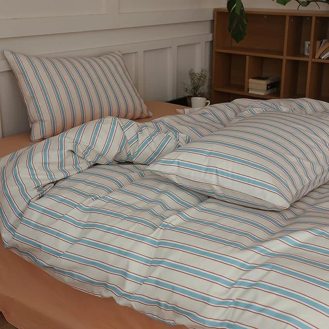 Trendy LifeTB Full Comforter Set Blue Brown Striped Comforter Set 3 Pieces Retro Stripes Pattern Printed Comforter with 2 Pillowcases Lightweight Fluffy Soft Breathable Striped Bedding Set for All Seasons World-Class