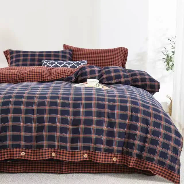Breathable Ownkoti Retro Plaid Cotton Gauze Button Bedding Set 4PCS Fine