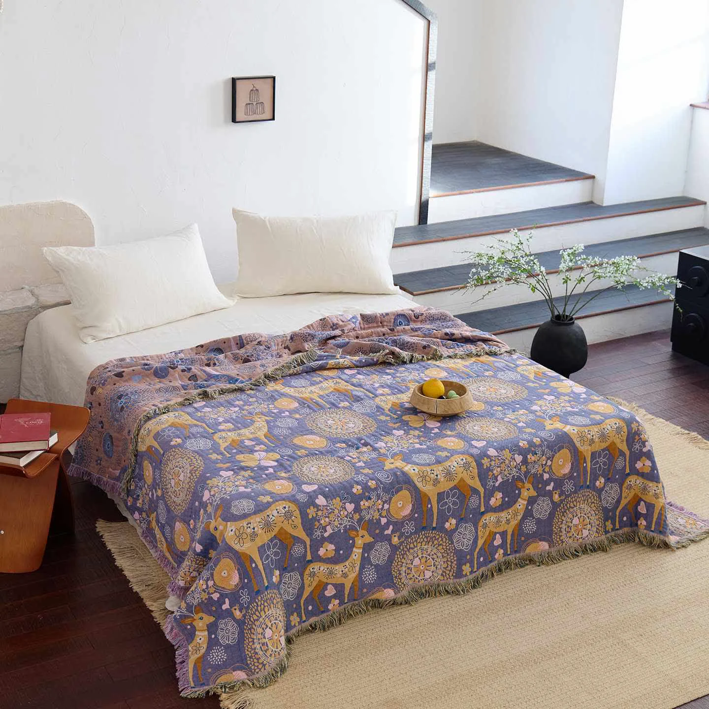 Secure Ownkoti Reversible Floral Deer Cotton Gauze Quilt Excellent