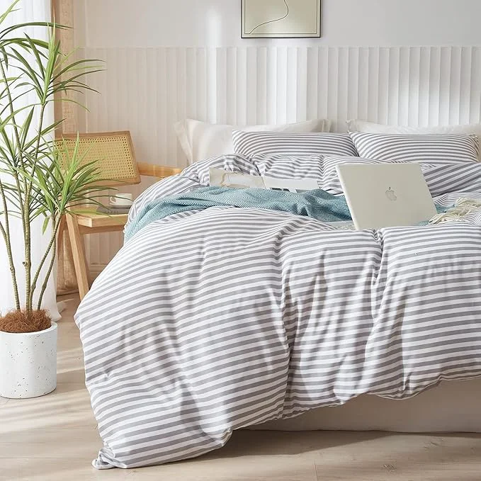 Organic LifeTB Grey Striped Comforter Set Full Modern Style Stripes Pattern Comforter for Men Boy Teen Geometric Grey White Stripe Printed Boho Bedding Comforter for All Season Fluffy Soft Full Comforter Set High-End