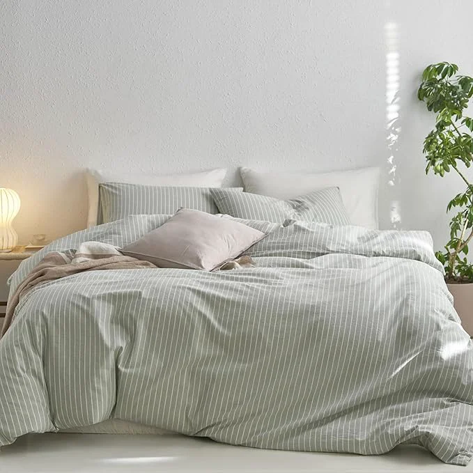 Premium MooMee Striped Duvet Cover Set Washed Cotton Linen Like Textured Breathable Durable Soft Comfy Sage Green White Wide Stripes Full 80 quot x90 quot Fashionable