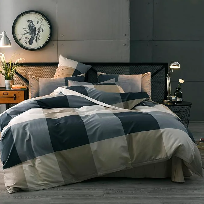 Casual mixinni Queen Size Checkered Duvet Cover Set – 3 Piece Grey Geometric Cotton Bedding Set with Zipper Closure amp Corner Ties Washed Cotton Soft Breathable Duvet Cover for Men Women Teens Queen Healthy