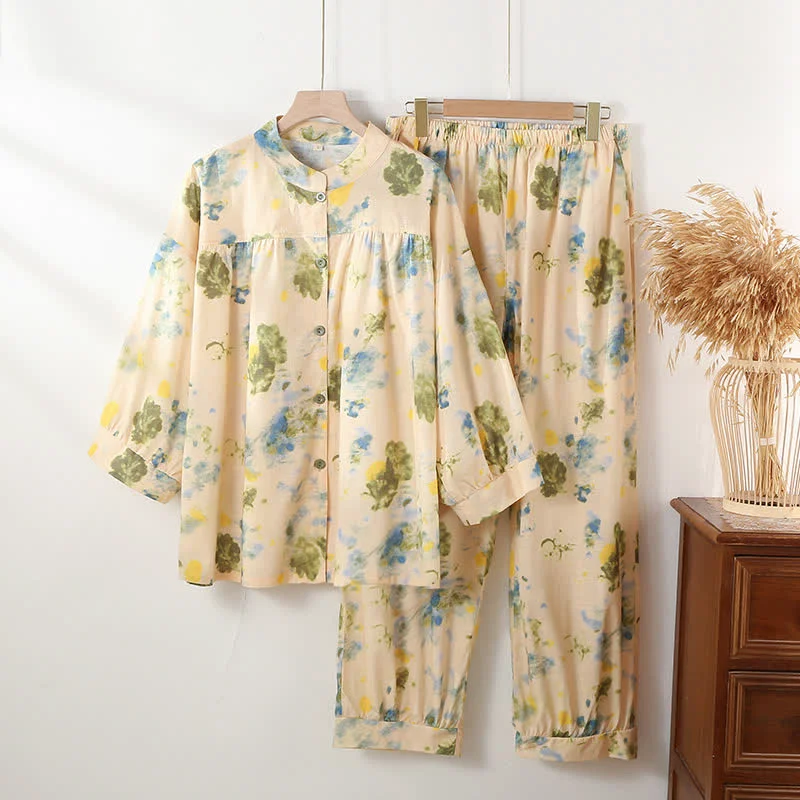 Casual Ownkoti Oriental Ink Floral Cotton Loungewear Set Contemporary