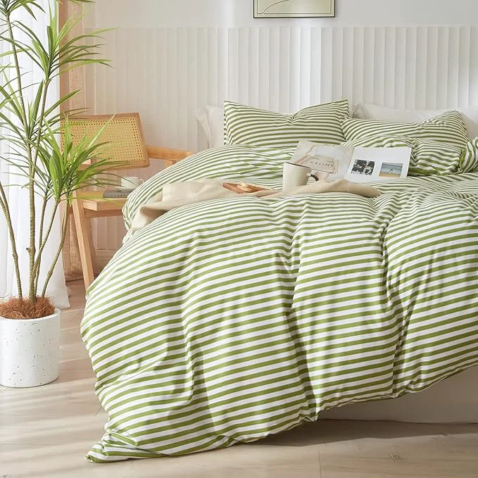 Selected Full Comforter Set 3 Pieces Striped Comforter Set Green White Stripes Pattern Comforter with 2 Pillowcases Modern Style Lightweight Boho Bedding Comforter Geometric Striped Fluffy Comforter Set Convenient