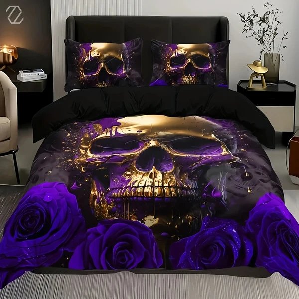 Specialty Purple Rose Skull Duvet Cover Unique