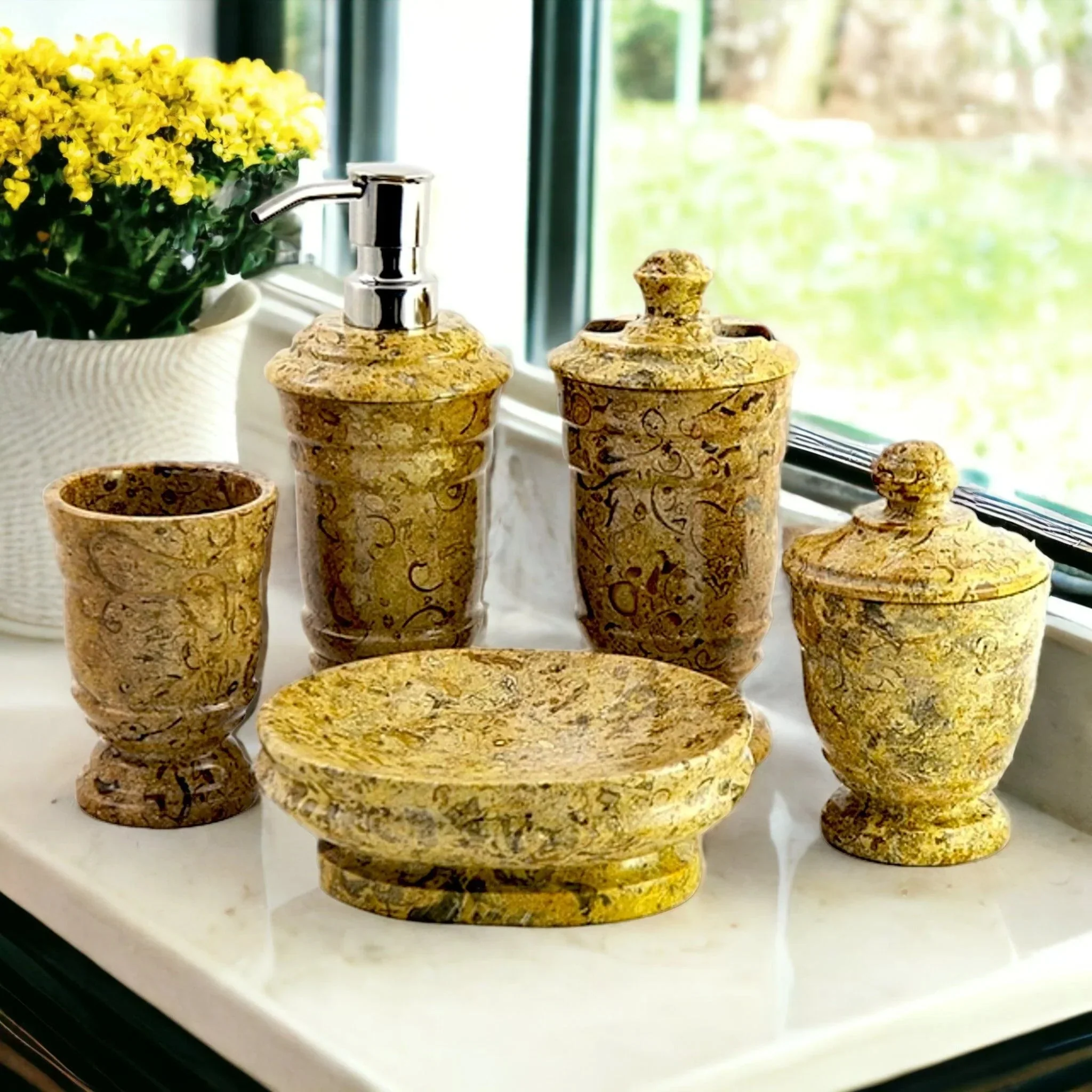 Exceptional 5-Piece Bathroom Accessories Set in Fossil Stone Genuine