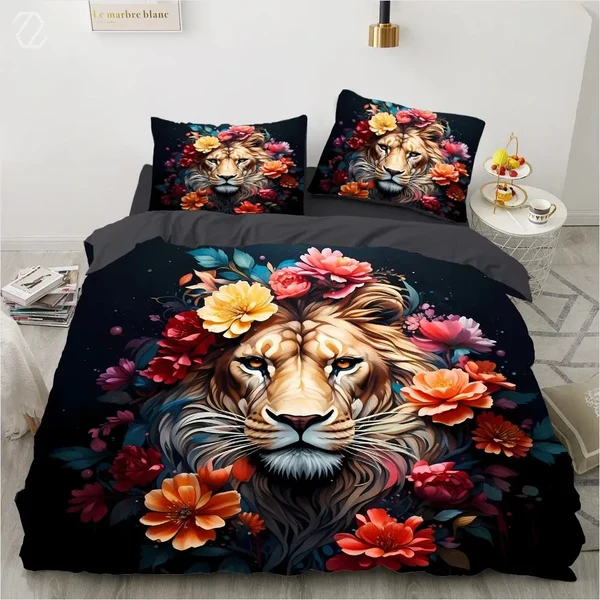 Top-Quality 3D Flower Lion Duvet Cover Elegant
