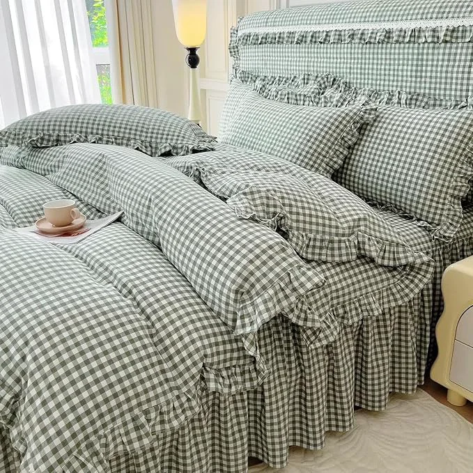 Exclusive LifeTB Green Gingham Comforter Set King 3 Pieces Ruffle Plaid Comforter Set Chic Grid Bed Comforter with 2 Pillowcases Fluffy Soft Checkered Pattern Comforter Gingham Bedding Comforter King Unique