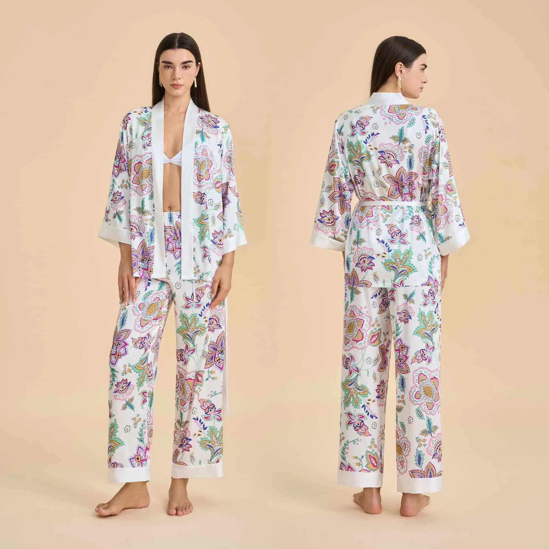 Versatile Ownkoti Retro Floral Kimono Loungewear Set Dependable