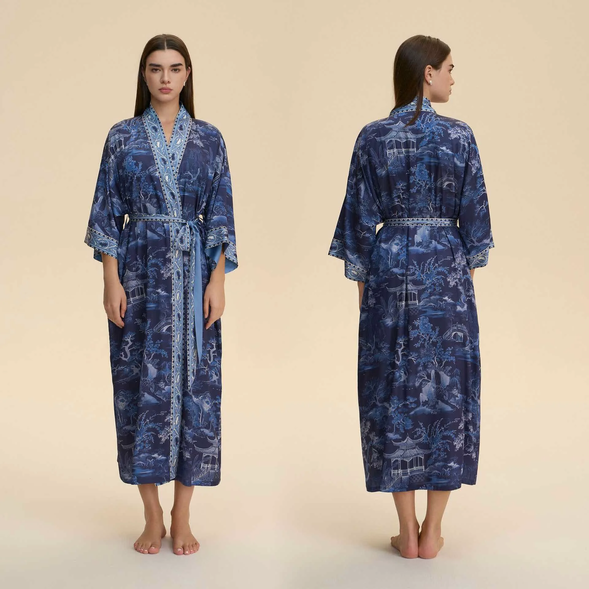 Enhanced Ownkoti Oriental Landscape Kimono Style Bathrobe High-Grade