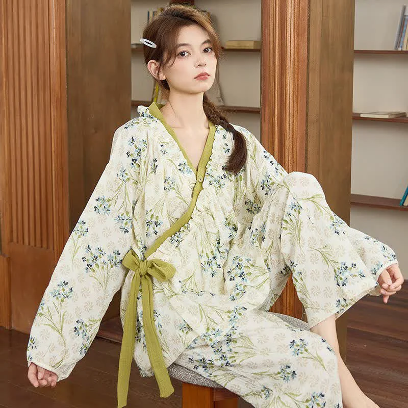 Fashionable Ownkoti Ruffled Neck Fresh Floral Loungewear Set Innovative