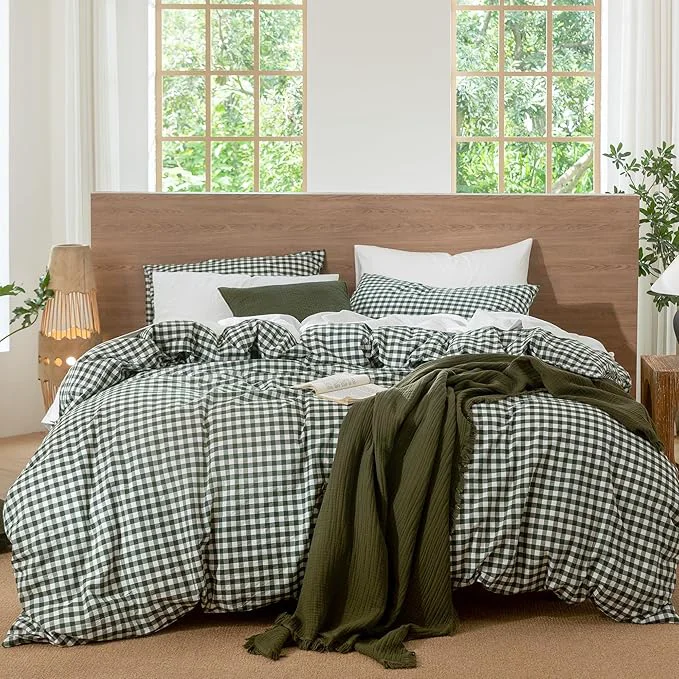 Quality MooMee Gingham Duvet Cover Set Washed Cotton Linen Like Textured Breathable Durable Soft Comfy Modern Checkered Design Forest Green Gingham Oversized Queen 98 quot x98 quot Reliable
