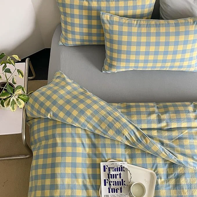 Excellent mixinni Yellow Blue Green Checkered Duvet Cover Set – Full Size 3-Piece Cotton Bedding Set Soft amp Breathable Geometric Plaid Comforter Cover with Zipper for All Seasons High-Quality
