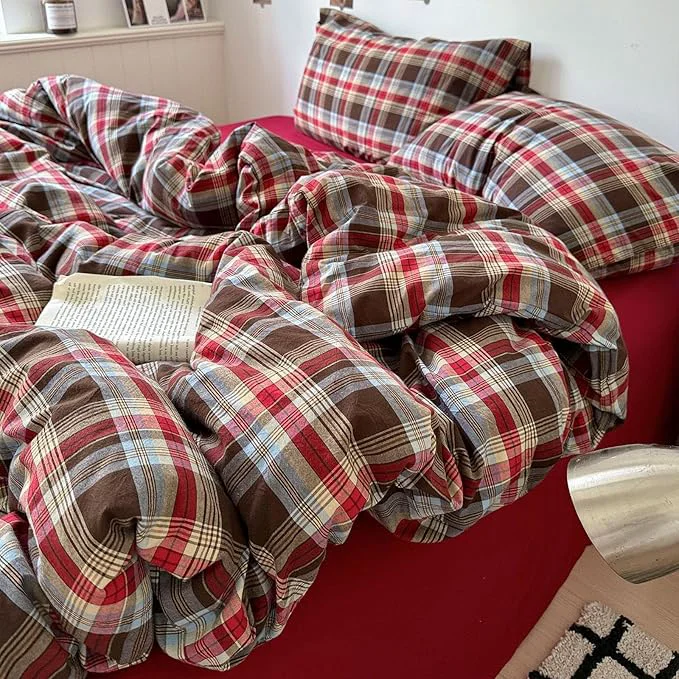 Superior LifeTB Red Brown Plaid Comforter Set Queen 3 Pieces Vintage Checkered Grid Bed Comforter with 2 Pillowcases Breathable Soft Comfy Farmhouse Plaid Pattern Printed Gingham Bedding Comforter Set Reliable