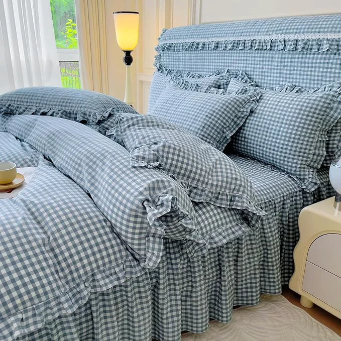 Reusable LifeTB Blue Gingham Comforter Set Full Size Ruffle Plaid Grid Bed Comforter Set with 2 Pillowcases Lightweight Gingham Bedding Set Soft Fluffy Farmhouse Plaid Checkered Pattern Comforter Full Size Solid