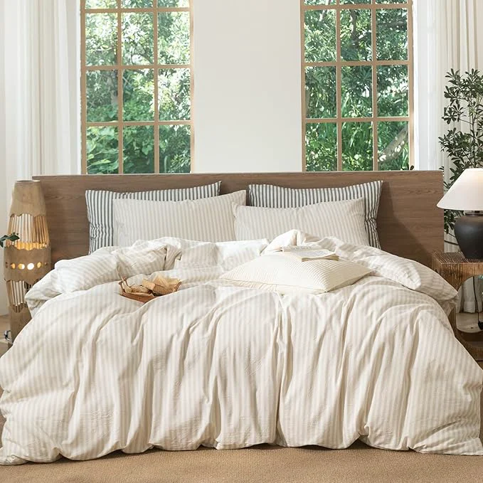 Eco-Friendly MooMee Striped Duvet Cover Set Washed Cotton Linen Like Textured Breathable Durable Soft Comfy Almond Milk Grey Classic Stripes Queen 90 quot x90 quot Exceptional