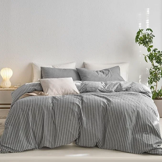 Quality MooMee Striped Duvet Cover Set Washed Cotton Linen Like Textured Breathable Durable Soft Comfy Dark Grey White Wide Stripes Oversized Queen 98 quot x98 quot Unique