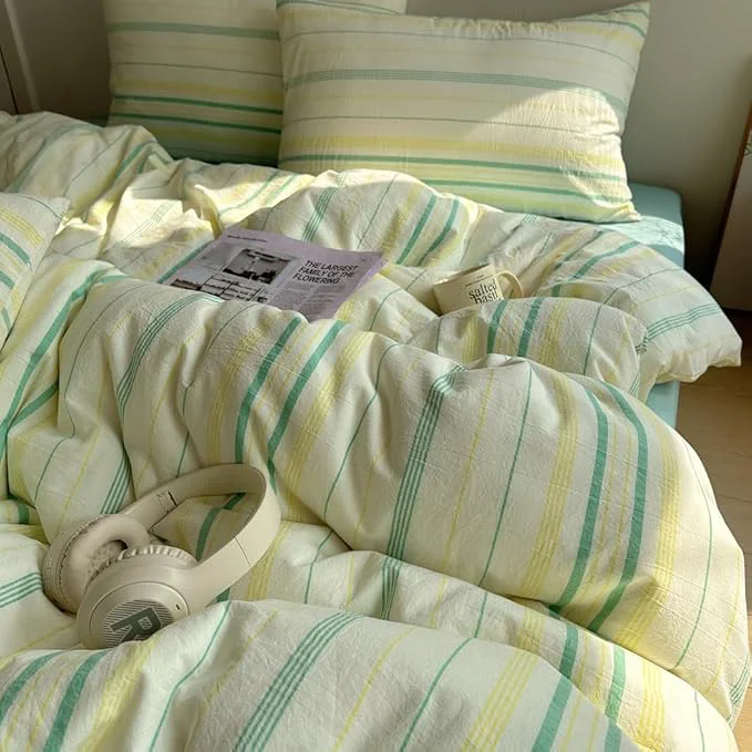 Eco-Friendly EAVD Retro Striped Duvet Cover Set Queen Size Soft Cotton Vintage Yellow Green Stripes Pattern Bedding Set with 2 Pillowcases Reversible Farmhouse Geometric Printed Duvet Cover with Zipper Advanced