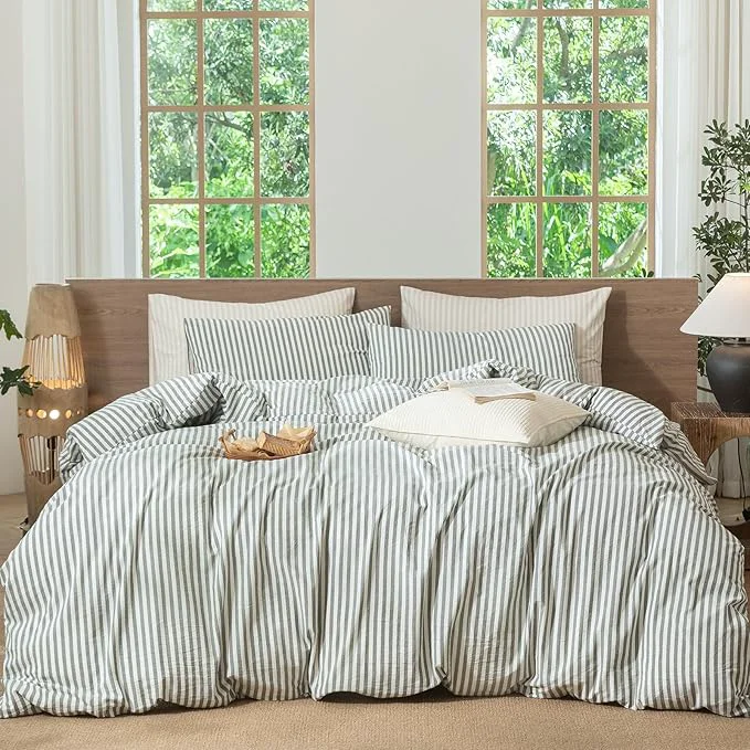 Organic MooMee Striped Duvet Cover Set Washed Cotton Linen Like Textured Breathable Durable Soft Comfy Heathered Green Classic Stripes Palatial King Oversized King 120 quot x98 quot Original Design