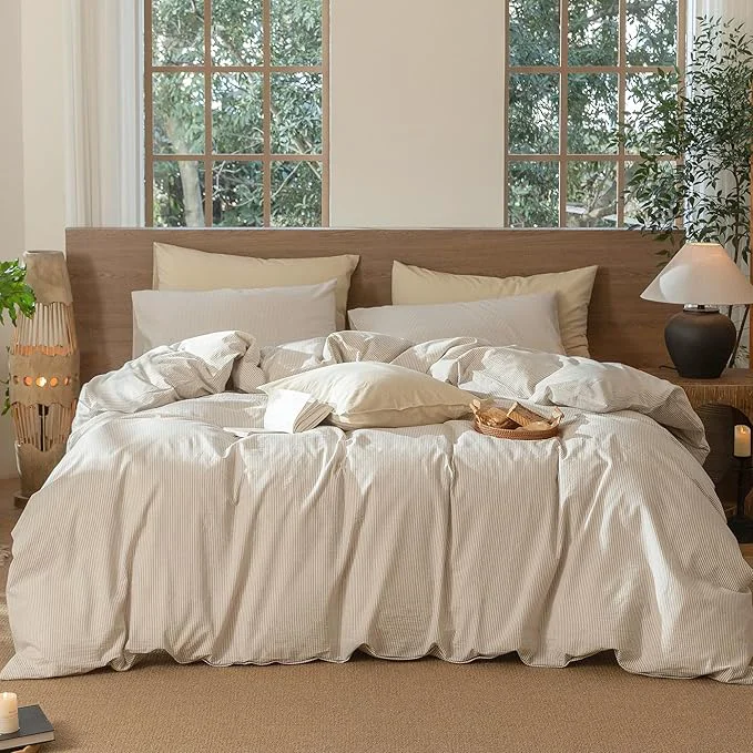 Casual MooMee Striped Duvet Cover Set Washed Cotton Linen Like Textured Breathable Durable Soft Comfy Tannish Linen Grey White Pinstripes Palatial King Oversized King 120 quot x98 quot Effective