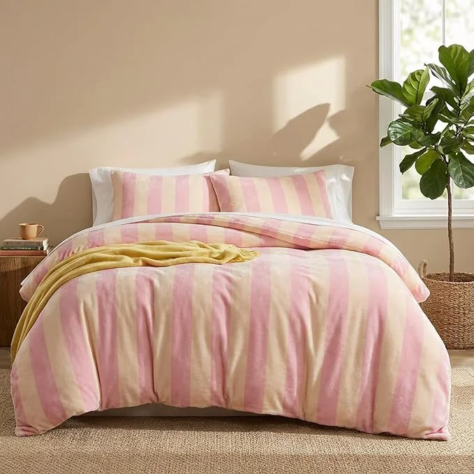Easy-to-Use Bedbay Pink Striped Comforter Set Queen Luxury Velvet Comforter Set Cozy Reversible Fleece Soft amp Warm Fluffy Flannel Bedding Set Blush Yellow Stripes Pattern Queen Bed Set 3 Pcs with Pillowcases Efficient