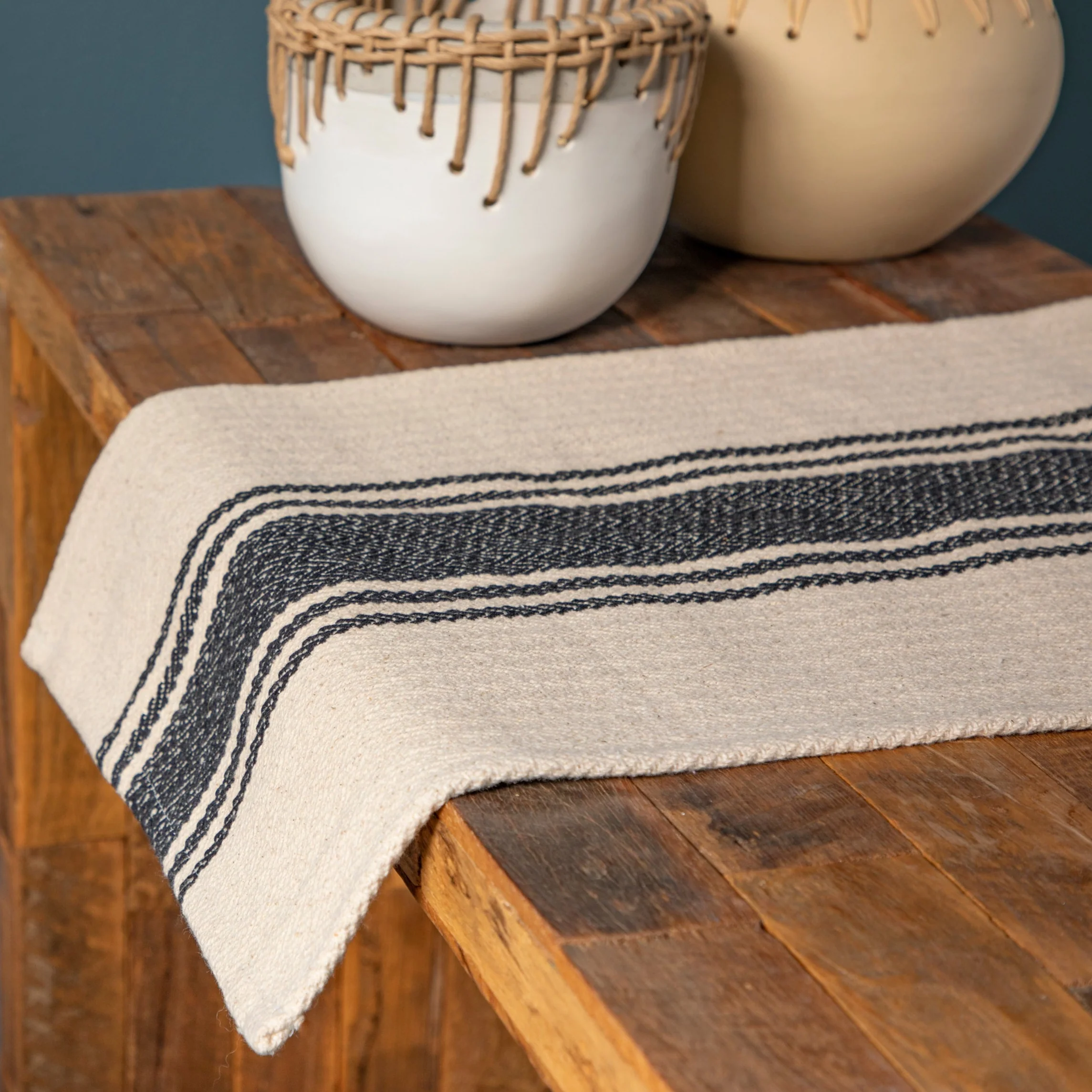 Relaxed Cotton Canvas Table Runner with Stripes Natural