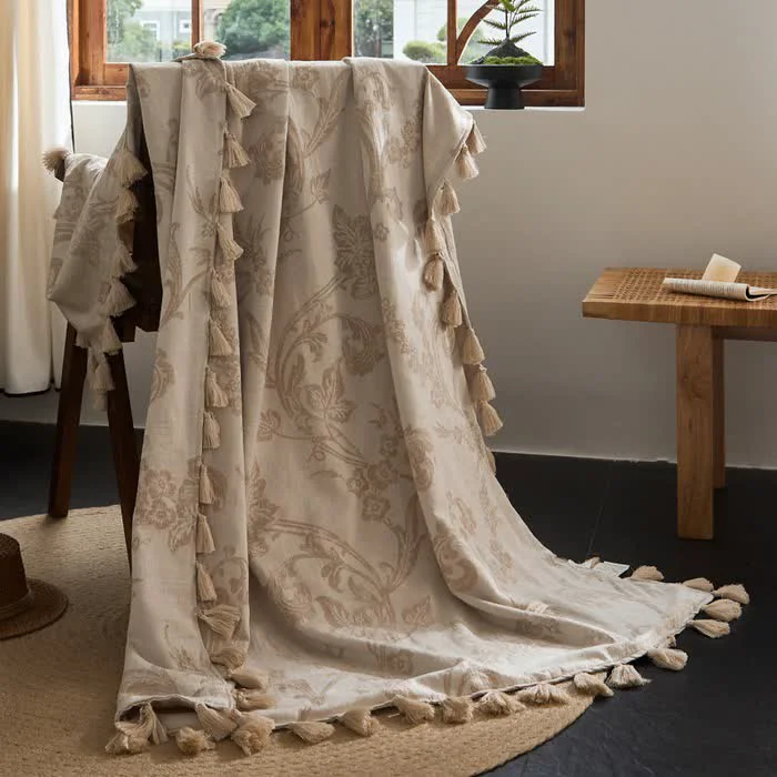 Green Ownkoti Elegant Floral Jacquard Cotton Linen Blanket Top-Quality