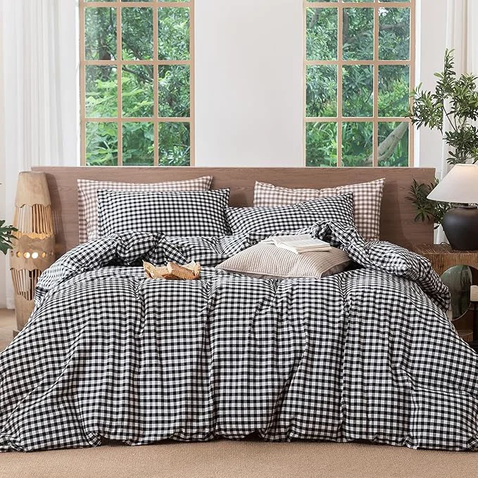Eco-Friendly MooMee Gingham Duvet Cover Set Washed Cotton Linen Like Textured Breathable Durable Soft Comfy Modern Checkered Design Black White Gingham Super King 108 quot x98 quot Pure