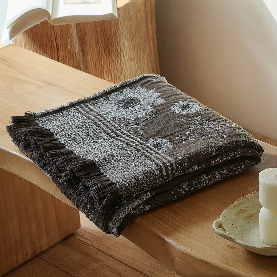 Fashionable Ownkoti Vintage Sunflower Pure Cotton Tassel Blanket Flexible