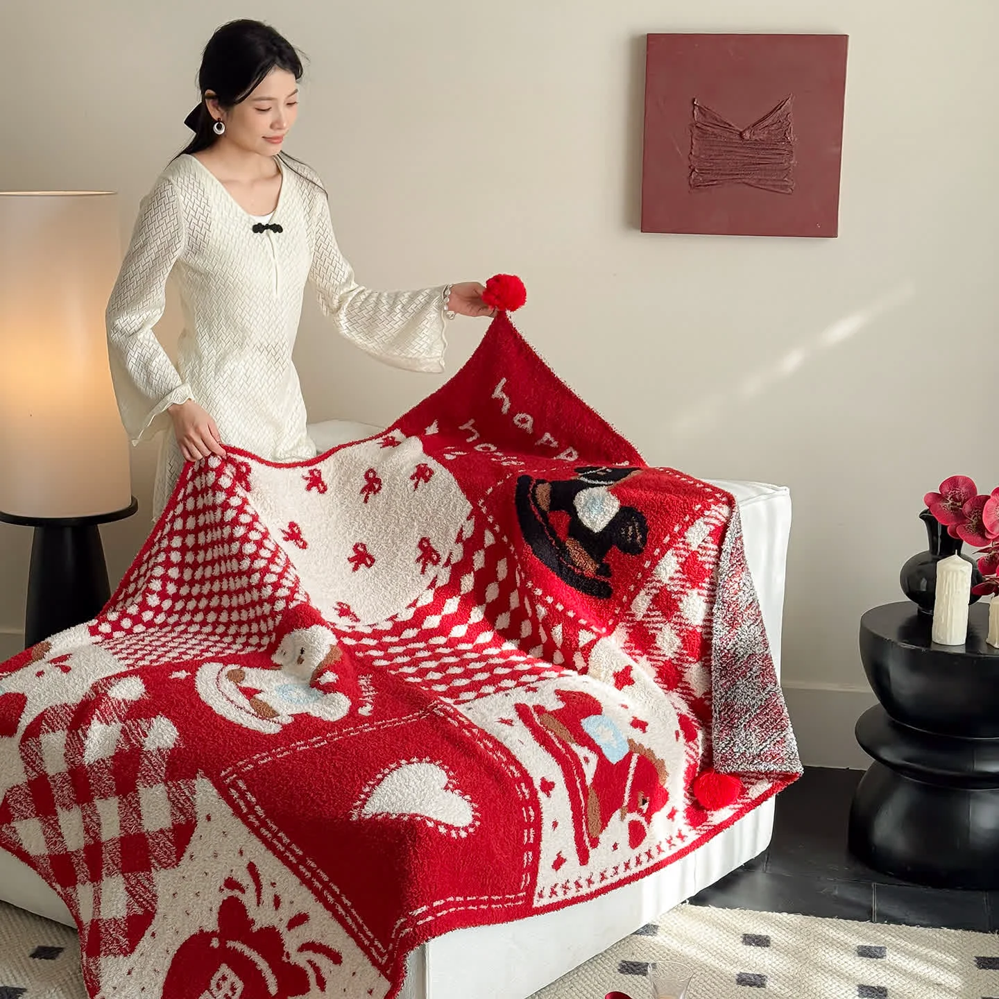High-End Ownkoti Festive Red amp White Patchwork Throw Blanket Professional