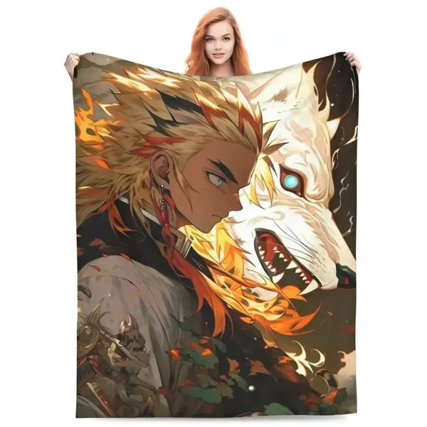 Clean Demon Slayer Kyojuro Throw Blanket Green
