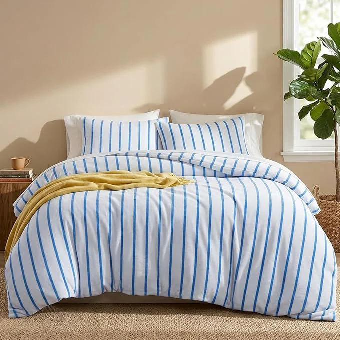 Classic Bedbay Blue Striped Comforter Set Queen Size Microplush Fleece Bedding Set Ultra Soft amp Warm Flannel Velvet Comforter Set 3 Pcs Blue White Stripes Pattern Queen Bed Set for All Seasons Authentic