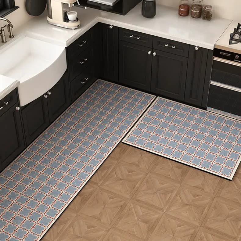 Enhanced Ownkoti Diatom Mud Vintage Blue Geometric Kitchen Rug High-Performance