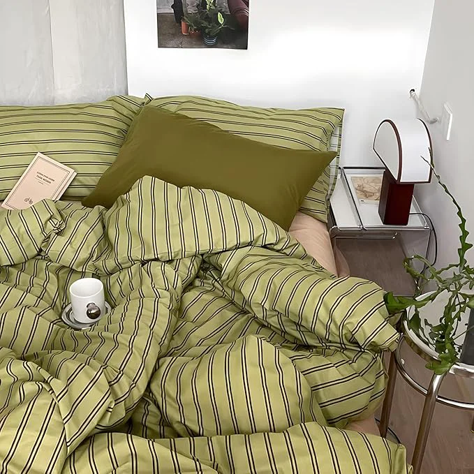 Elite mixinni Vintage Stripes Duvet Cover Set Twin – 3-Piece Mid-Century Cotton Olive amp Taupe Striped Bedding Soft Breathable All-Season Comforter Cover with Zipper Closure amp Corner Ties-Twin Size High-Performance