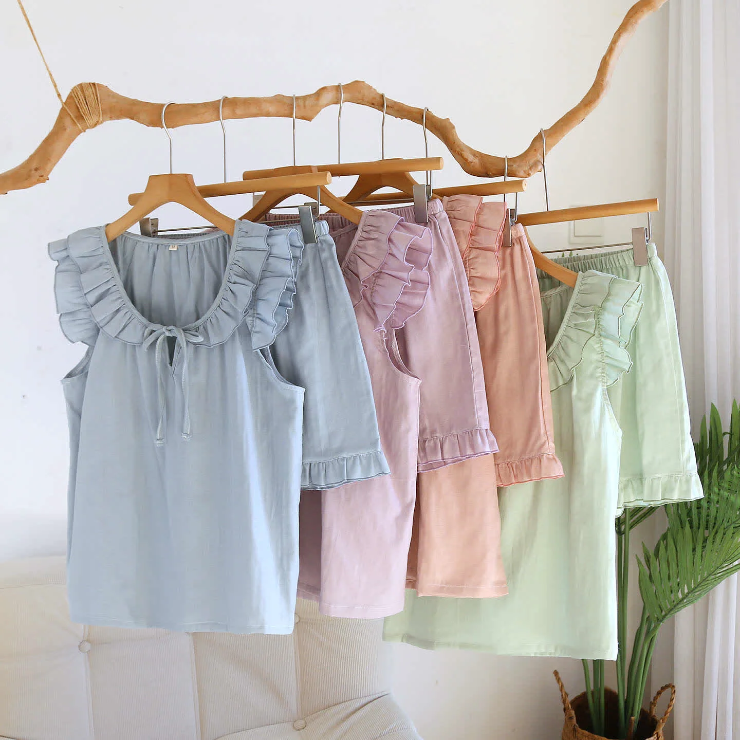 Fine Crafted Ownkoti Solid Color Ruffled Tank Pajama Set Green