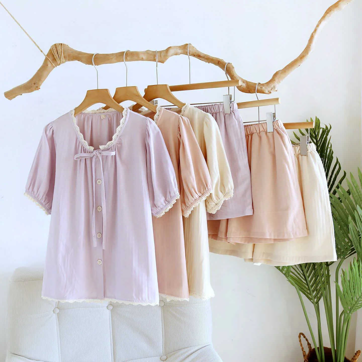 Genuine Ownkoti Solid Color Lace-trimmed Short Pajama Set Responsible