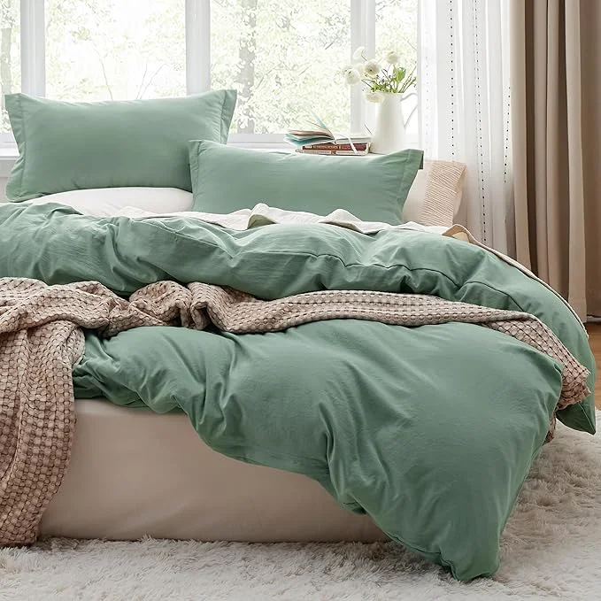 High-End Bedsure Sage Green Duvet Cover Queen Size - 3 Pieces Prewashed Cotton-Like Polyester Extra Soft Bedding Set Includes 1 Duvet Cover 90x90 Inches with Zipper Closure amp 2 Pillow Shams No Comforter Natural