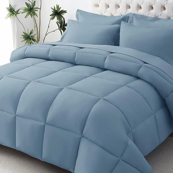 Pure JOLLYVOGUE Queen Comforter Set Ultra-Soft Bed in a Bag Queen Size 7 Pieces Oeko-TEX Bedding Set with Down Comforter Sheets Pillowcases amp Shams Dusty Blue Superior