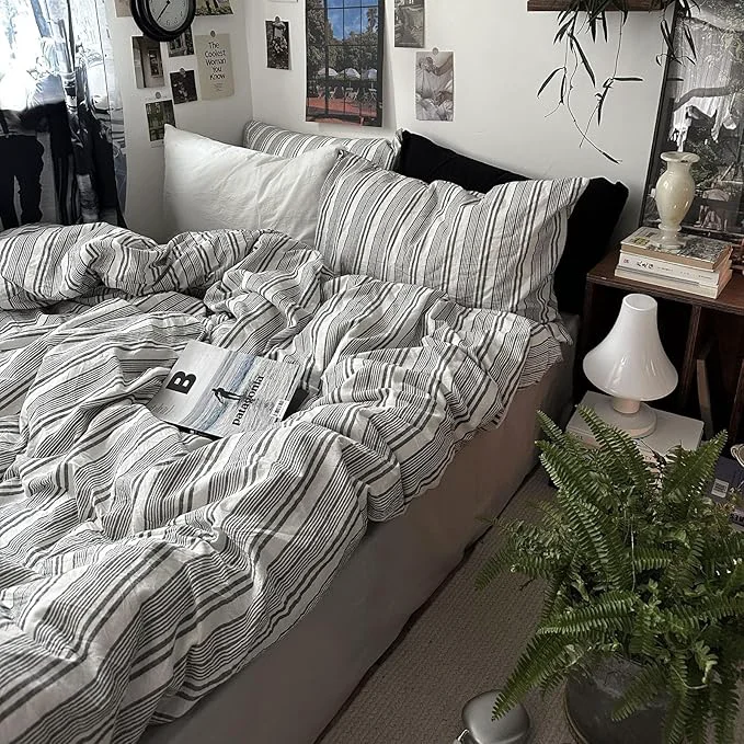 Prestigious mixinni Vintage Gray amp White Striped Duvet Cover Set – 3 Piece Washed Cotton Queen Size Bedding Minimalist Gender-Neutral Design Ultra-Soft Breathable with Zipper Closure amp Corner Ties Next-Generation