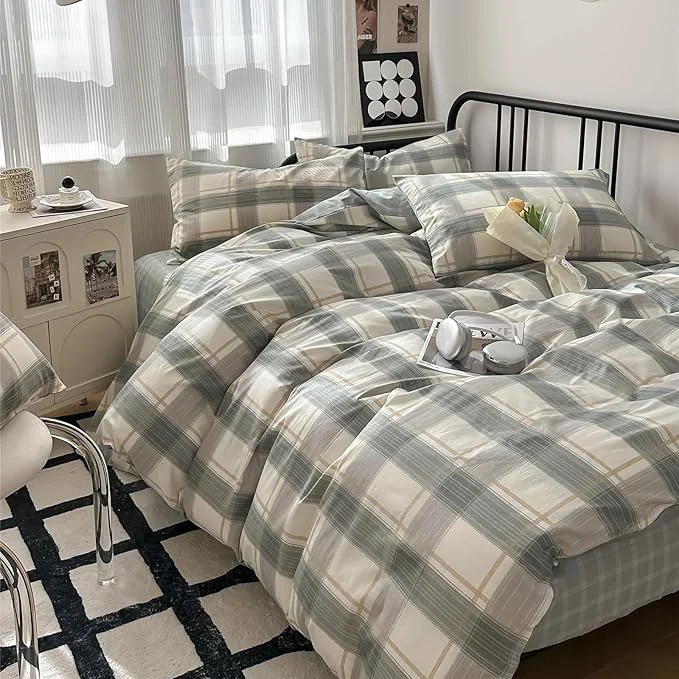 Fine Crafted mixinni Full Size Buffalo Plaid Duvet Cover Set – 3 Piece Green White Geometric Bedding Set with Zipper Closure amp Ties Washed Cotton Soft Breathable Duvet Cover for Men Women Teens Full Exceptional