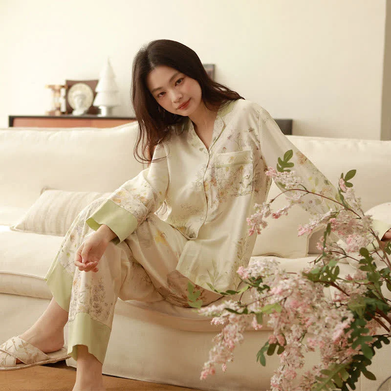 Green Ownkoti Pastoral Floral Long Sleeve Loungewear Set Natural