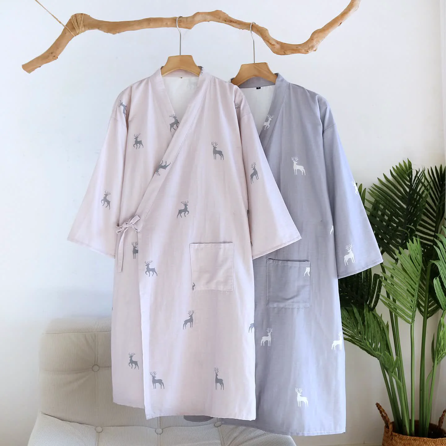 Fashionable Ownkoti Couple Deer Cotton Gauze Kimono Bathrobe Original Design