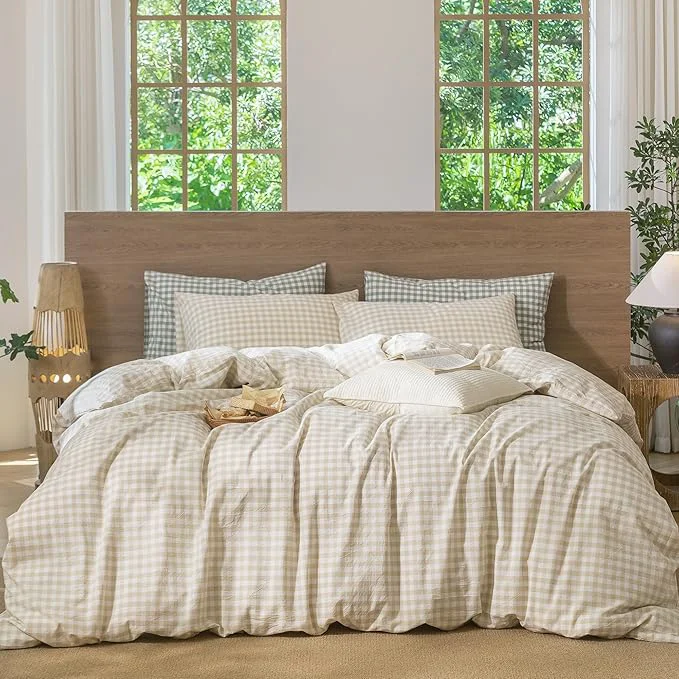 Exclusive MooMee Gingham Duvet Cover Set Washed Cotton Linen Like Textured Breathable Durable Soft Comfy Modern Checkered Design Almond Milk Grey Gingham Super King 108 quot x98 quot Genuine