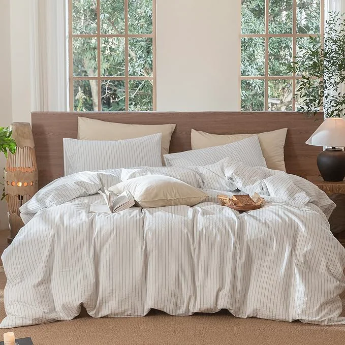 Versatile MooMee Striped Duvet Cover Set Washed Cotton Linen Like Textured Breathable Durable Soft Comfy White Cornflower Blue Wide Stripes Cal King 104 quot x98 quot Excellent