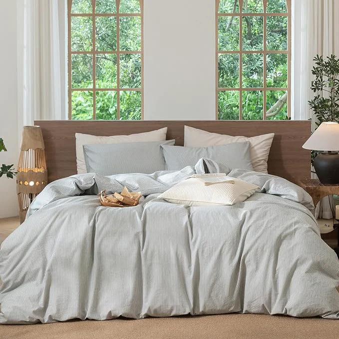 Sophisticated MooMee Striped Duvet Cover Set Washed Cotton Linen Like Textured Breathable Durable Soft Comfy Heathered Green Pinstripes Twin 68 quot x90 quot