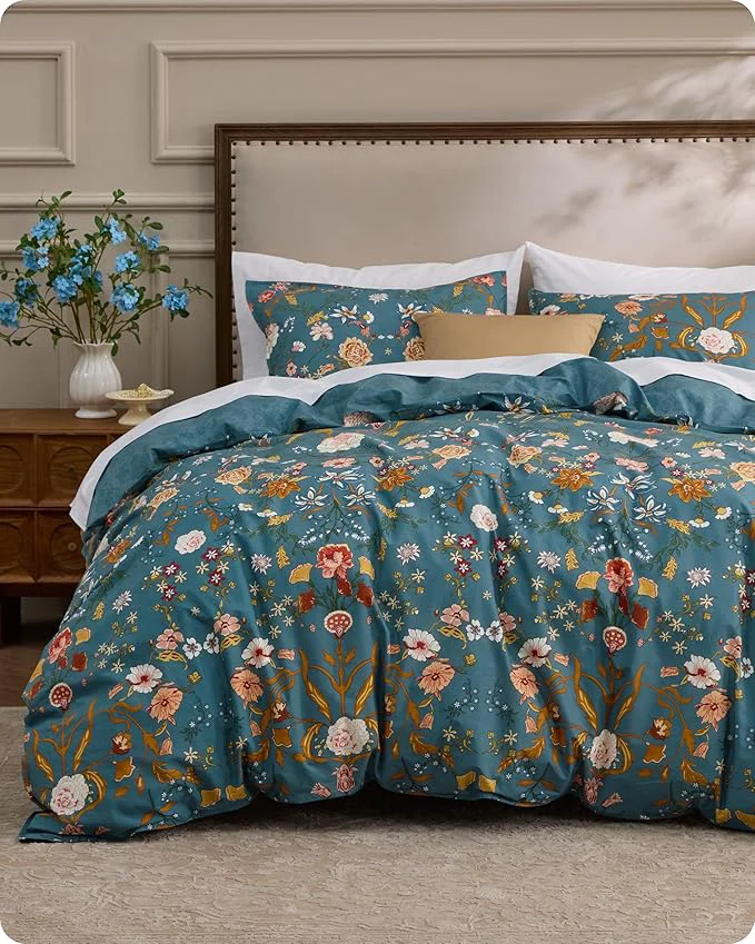 Effective Bedsure Floral Duvet Cover Queen Size – Cotton Reversible Botanical Shabby Chic Duvet Cover Set 3 Pieces Soft amp Breathable PureWoven Bedding Set with 2 Pillow Shams Vintage Teal Floral 90 quot x90 quot Trendy