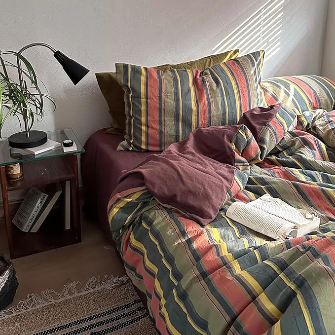 Eco-Friendly mixinni Vintage Striped Duvet Cover Set Full Size – 3 Piece Washed Cotton Bedding Set Soft amp Breathable Colorful Striped Pattern Printed Comforter Cover for All Seasons Effective
